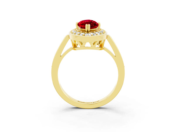 Yellow gold Marquise Cut Ruby Halo Ring with Split Shank and Four-Prong Setting