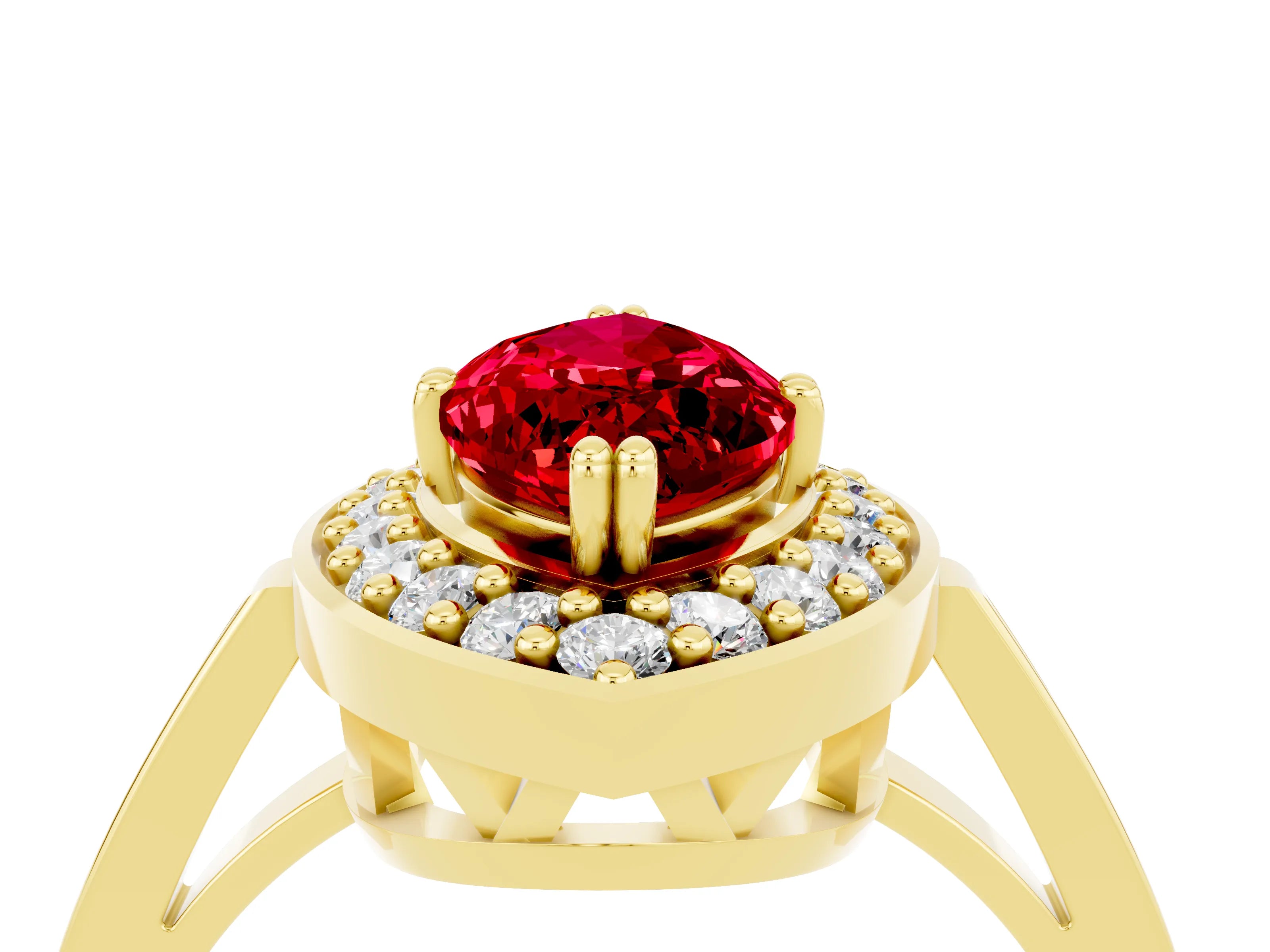 Yellow gold Marquise Cut Ruby Halo Ring with Split Shank and Four-Prong Setting_4