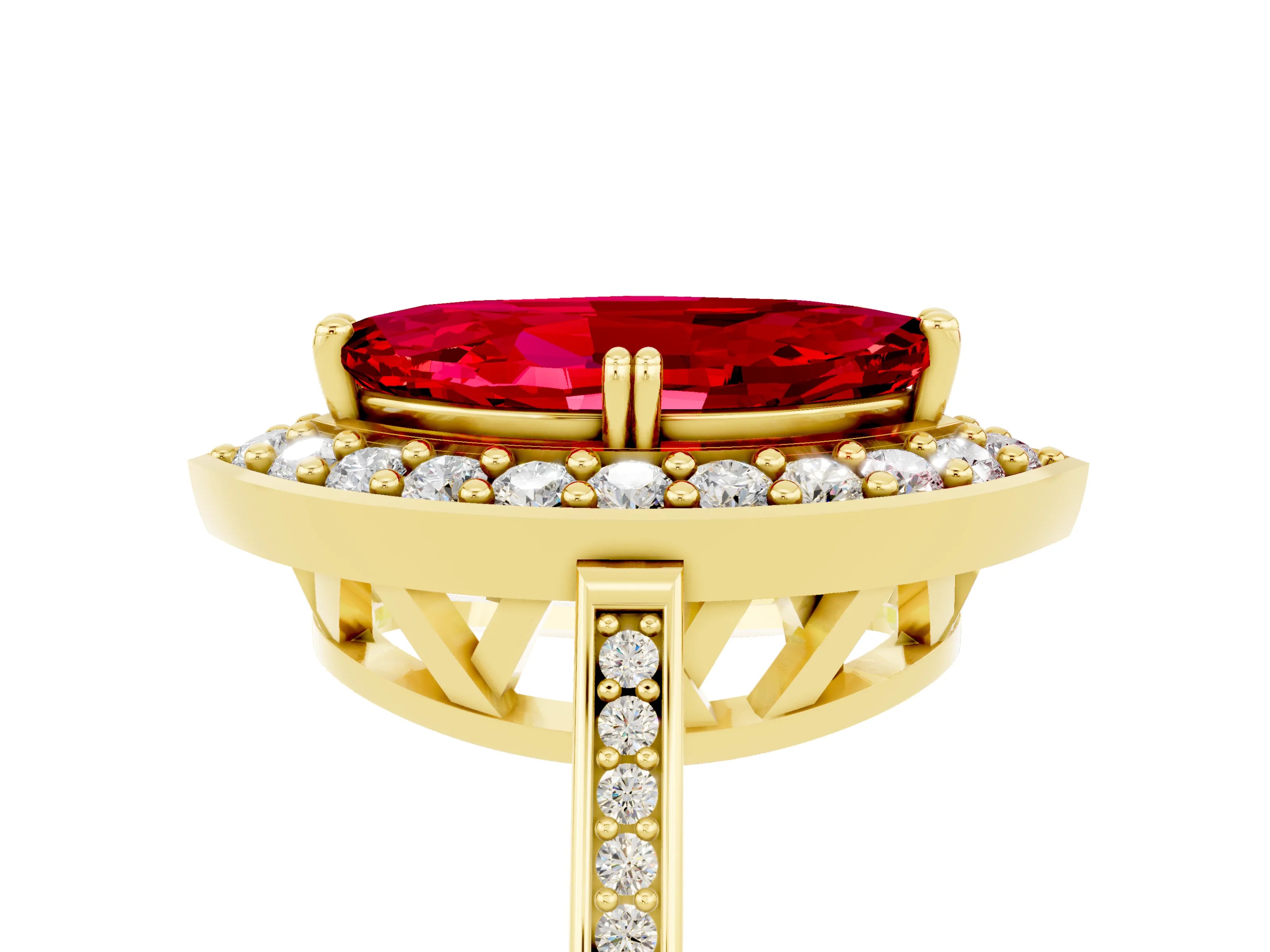 Yellow gold Marquise Cut Ruby Halo Ring with Split Shank and Four-Prong Setting_5