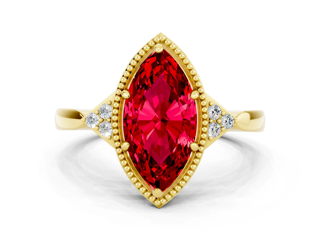 Yellow gold Marquise Cut Ruby Halo Ring with Tapered Band and Four-Prong Setting