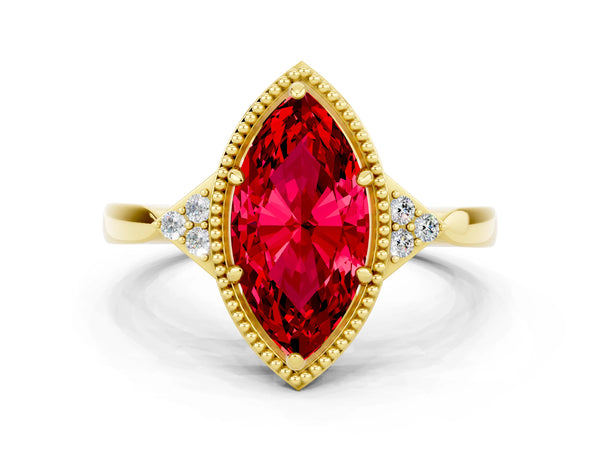 Yellow gold Marquise Cut Ruby Halo Ring with Tapered Band and Four-Prong Setting