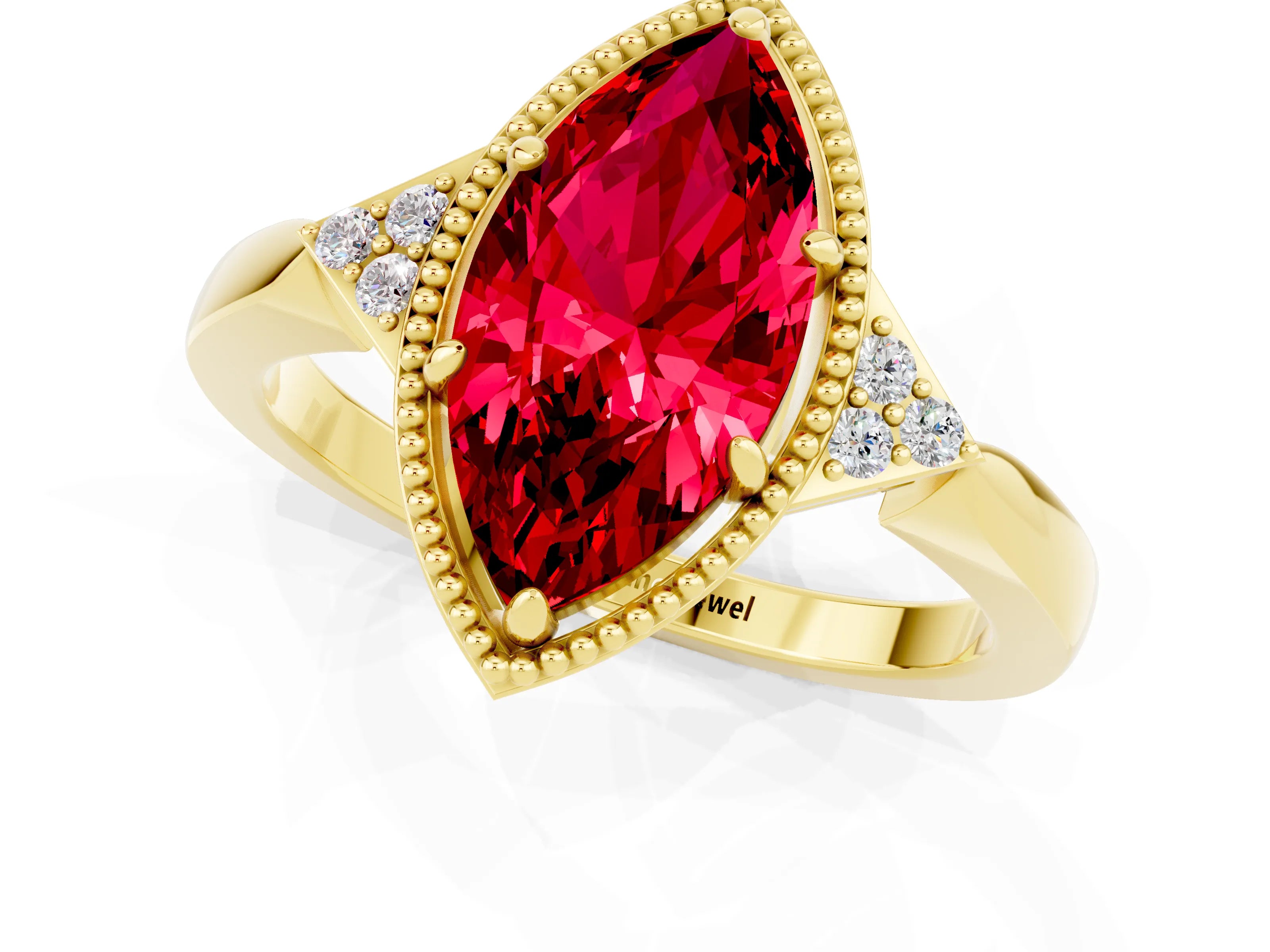 Yellow gold Marquise Cut Ruby Halo Ring with Tapered Band and Four-Prong Setting_1