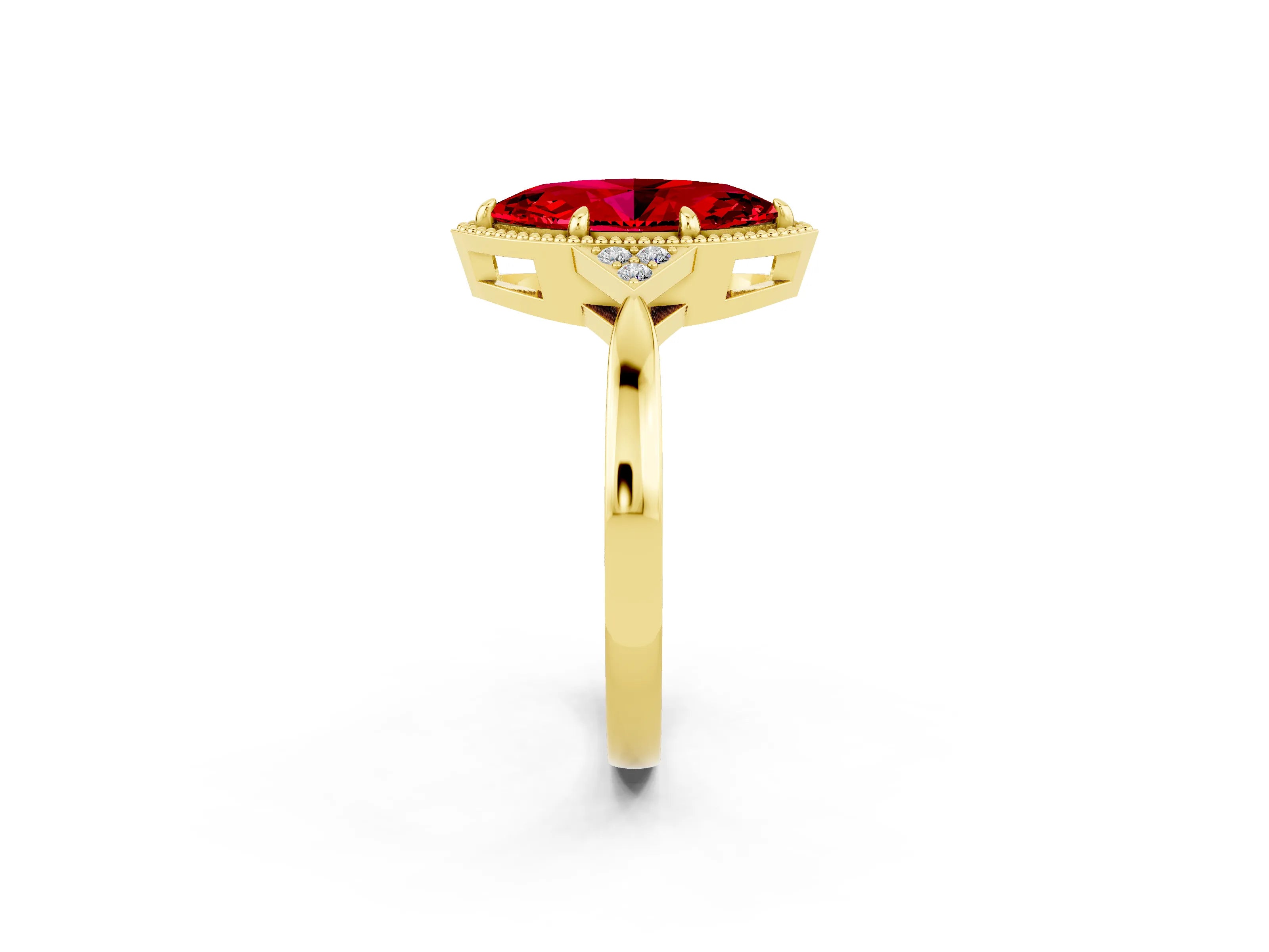 Yellow gold Marquise Cut Ruby Halo Ring with Tapered Band and Four-Prong Setting_2