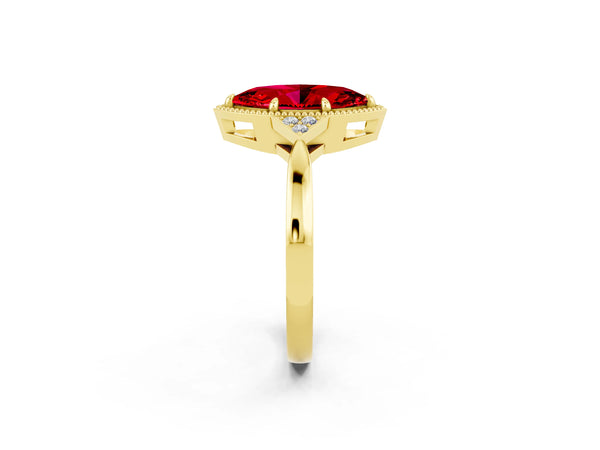 Yellow gold Marquise Cut Ruby Halo Ring with Tapered Band and Four-Prong Setting