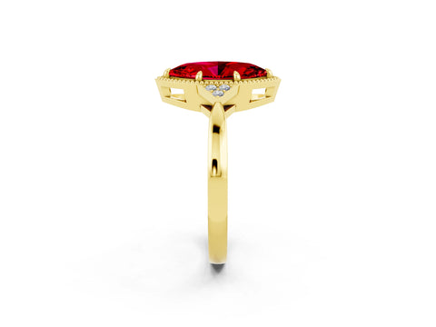 Yellow gold Marquise Cut Ruby Halo Ring with Tapered Band and Four-Prong Setting_2