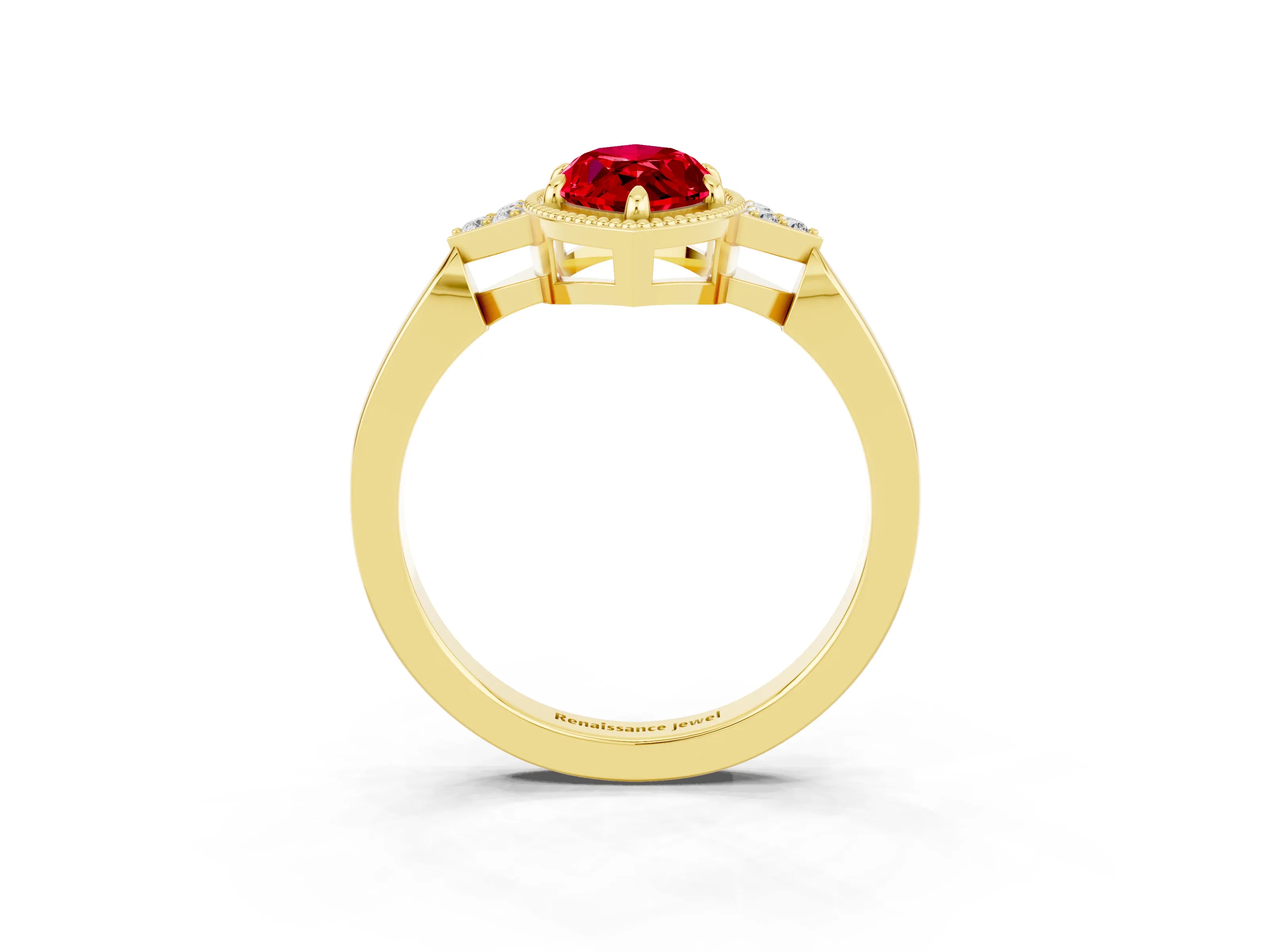 Yellow gold Marquise Cut Ruby Halo Ring with Tapered Band and Four-Prong Setting_3