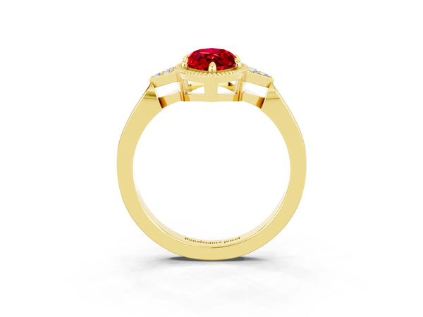 Yellow gold Marquise Cut Ruby Halo Ring with Tapered Band and Four-Prong Setting