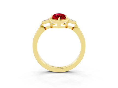 Yellow gold Marquise Cut Ruby Halo Ring with Tapered Band and Four-Prong Setting_3