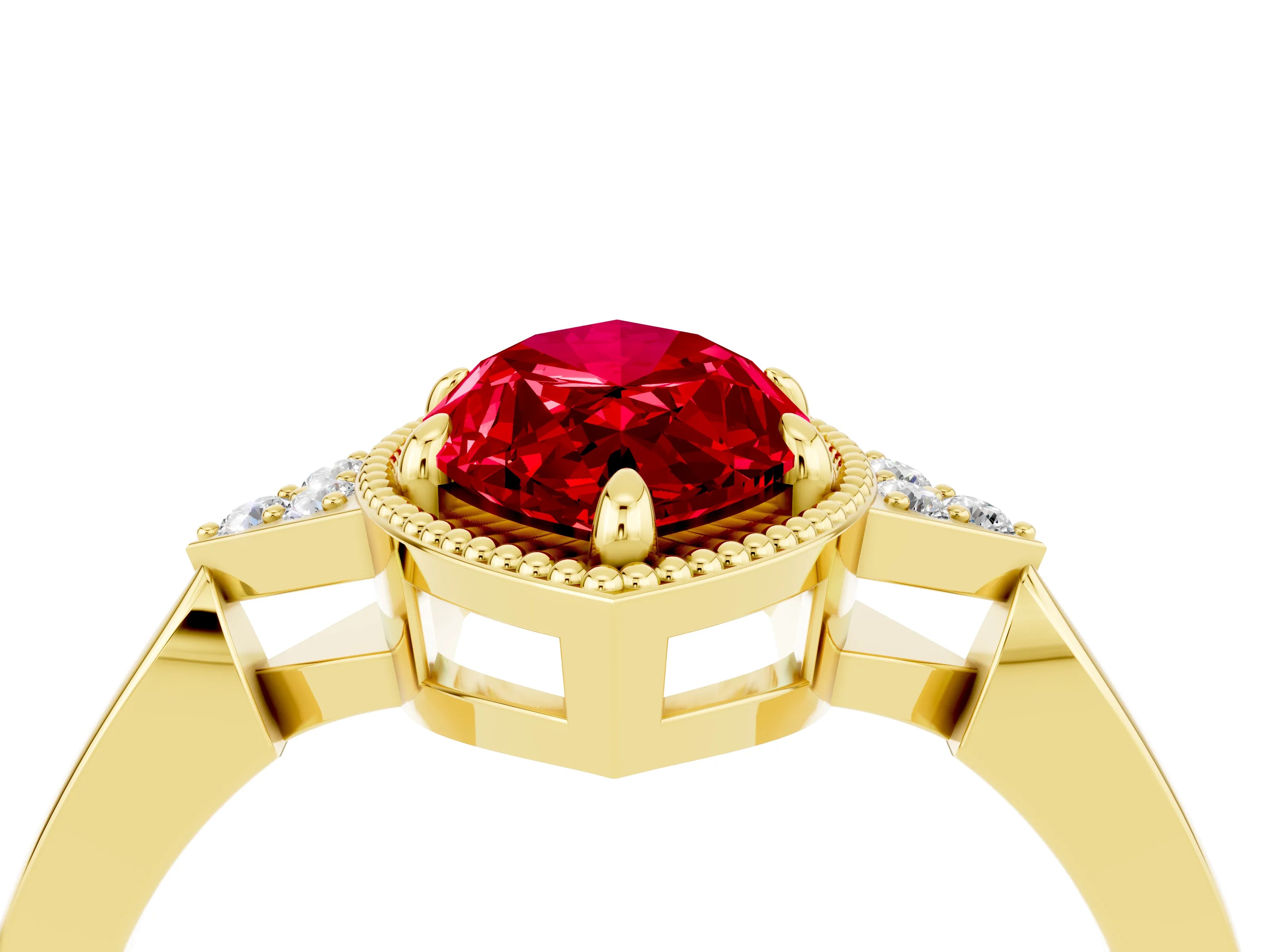 Yellow gold Marquise Cut Ruby Halo Ring with Tapered Band and Four-Prong Setting_4