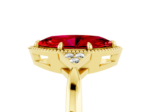 Yellow gold Marquise Cut Ruby Halo Ring with Tapered Band and Four-Prong Setting_5