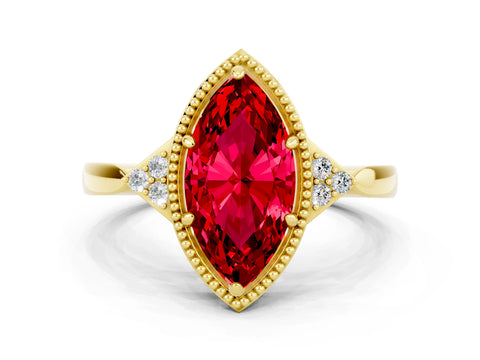 Yellow gold Marquise Cut Ruby Halo Ring with Tapered Band and Four-Prong Setting