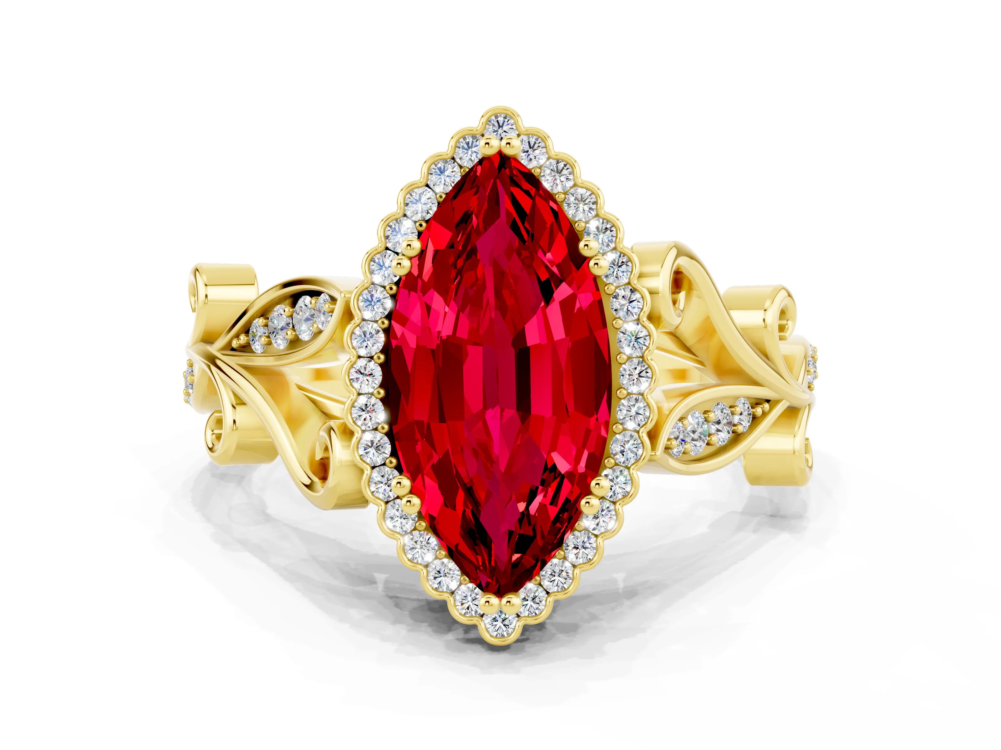 Yellow gold Marquise Cut Ruby Halo Ring with Vintage Split Shank and Four-Prong Setting