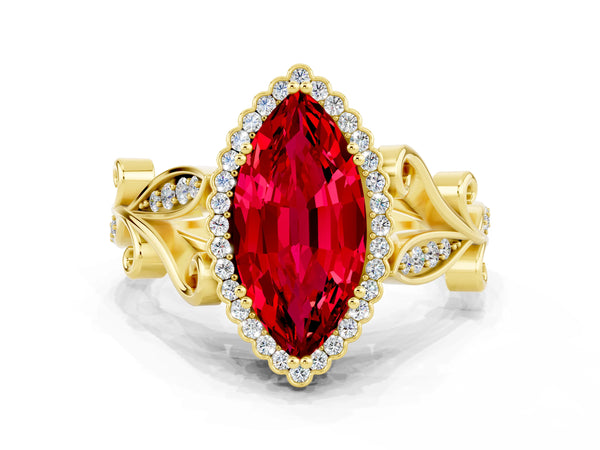Yellow gold Marquise Cut Ruby Halo Ring with Vintage Split Shank and Four-Prong Setting