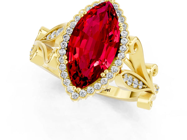 Yellow gold Marquise Cut Ruby Halo Ring with Vintage Split Shank and Four-Prong Setting