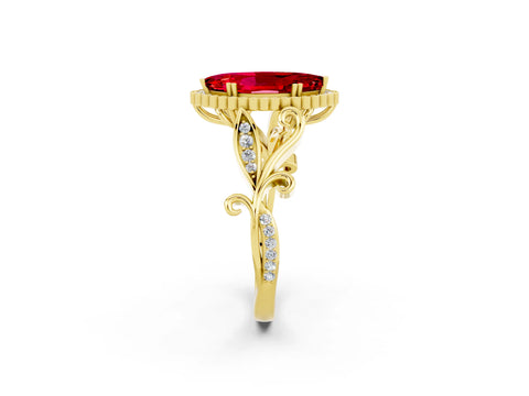 Yellow gold Marquise Cut Ruby Halo Ring with Vintage Split Shank and Four-Prong Setting_2