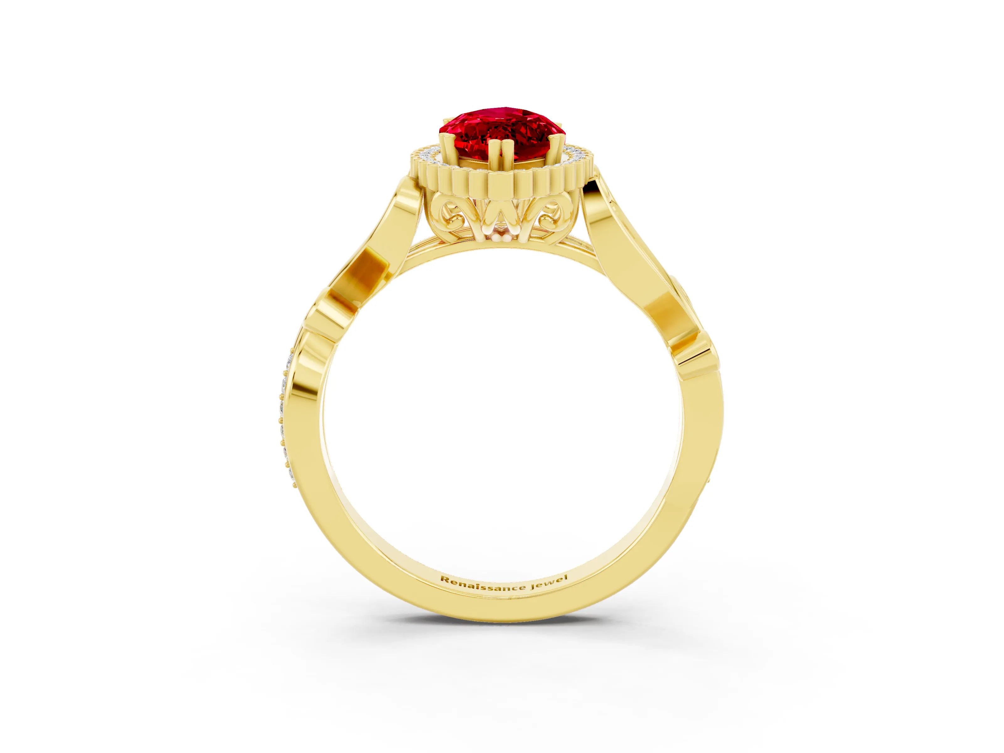 Yellow gold Marquise Cut Ruby Halo Ring with Vintage Split Shank and Four-Prong Setting_3