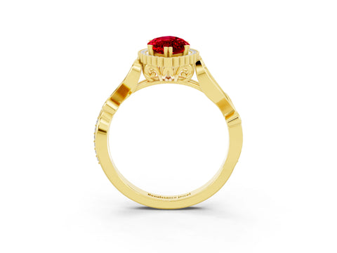 Yellow gold Marquise Cut Ruby Halo Ring with Vintage Split Shank and Four-Prong Setting_3