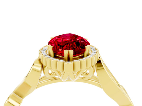Yellow gold Marquise Cut Ruby Halo Ring with Vintage Split Shank and Four-Prong Setting_4