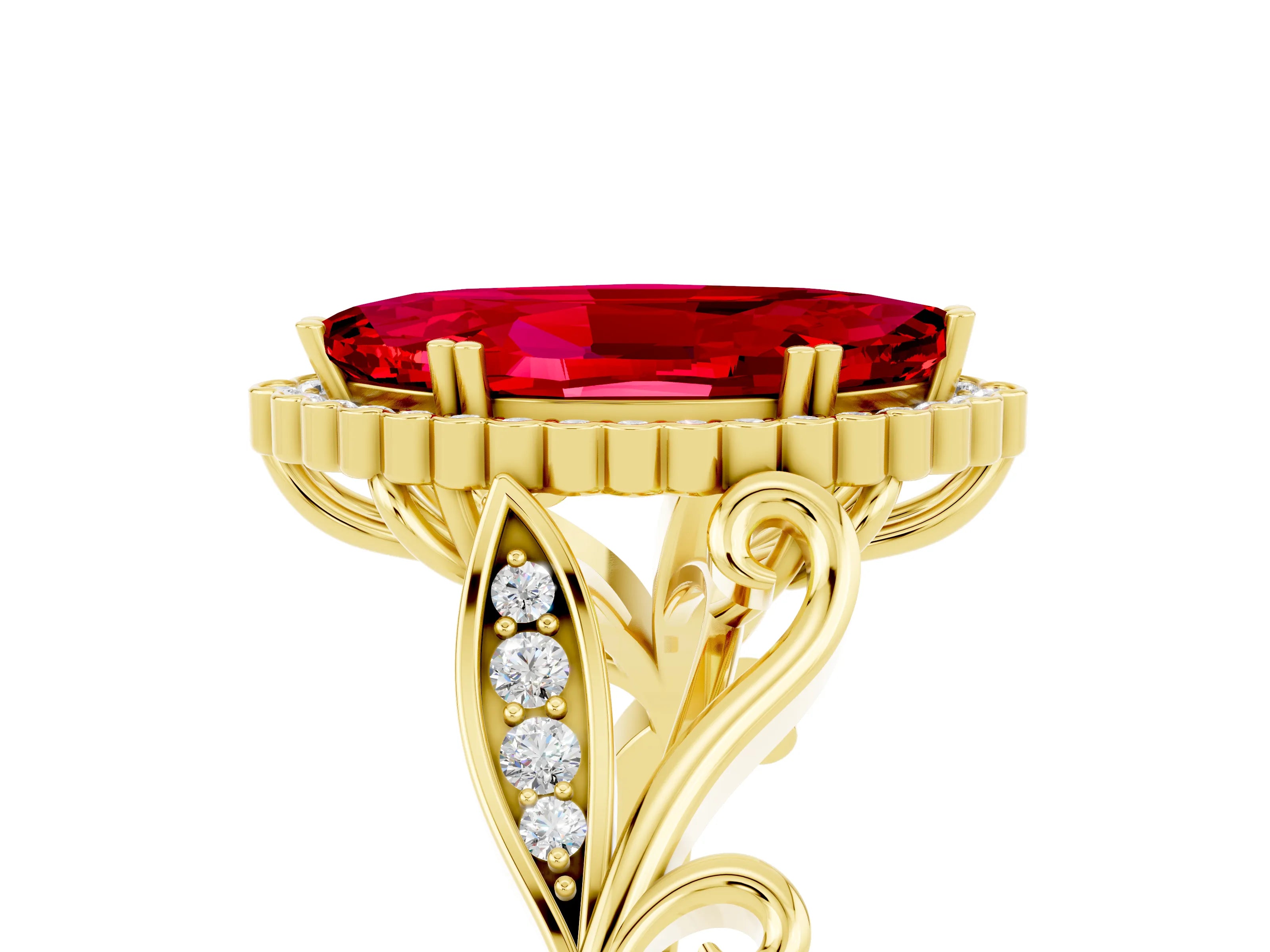 Yellow gold Marquise Cut Ruby Halo Ring with Vintage Split Shank and Four-Prong Setting_5