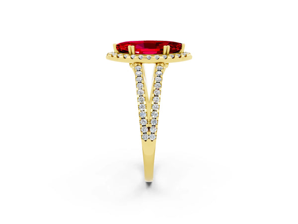 Yellow gold Marquise Cut Ruby Halo Split Shank Engagement Ring