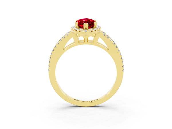 Yellow gold Marquise Cut Ruby Halo Split Shank Engagement Ring