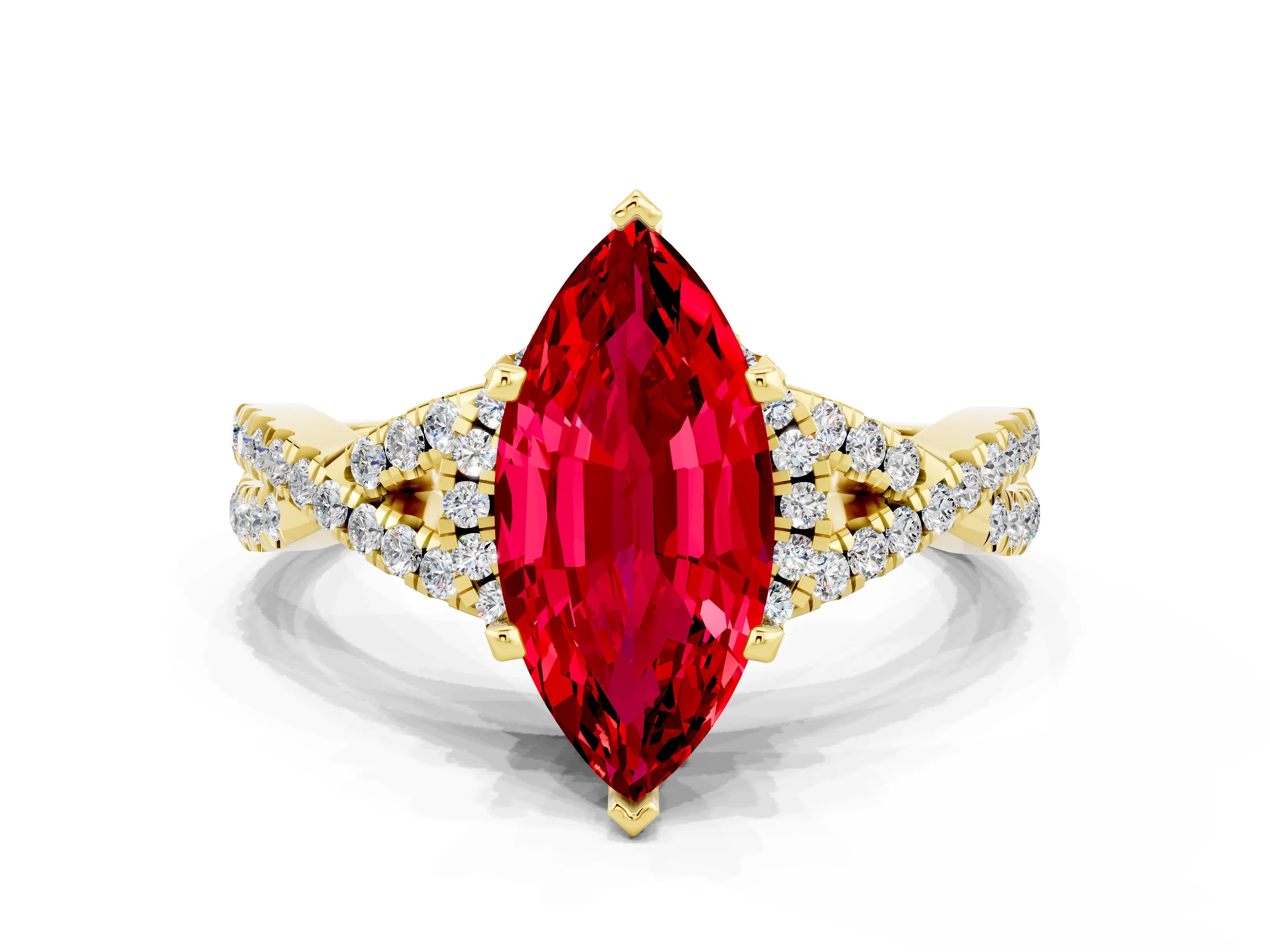 Yellow gold Marquise Cut Ruby Halo Twist Band Solitaire Prong Setting Ring