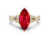 Yellow gold Marquise Cut Ruby Halo Twist Band Solitaire Prong Setting Ring