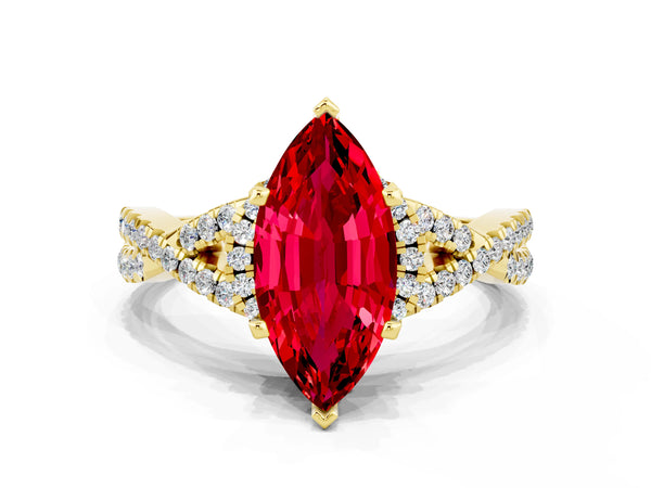Yellow gold Marquise Cut Ruby  Halo Twist Band Solitaire Prong Setting Ring