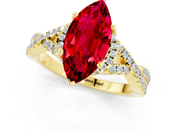 Yellow gold Marquise Cut Ruby  Halo Twist Band Solitaire Prong Setting Ring