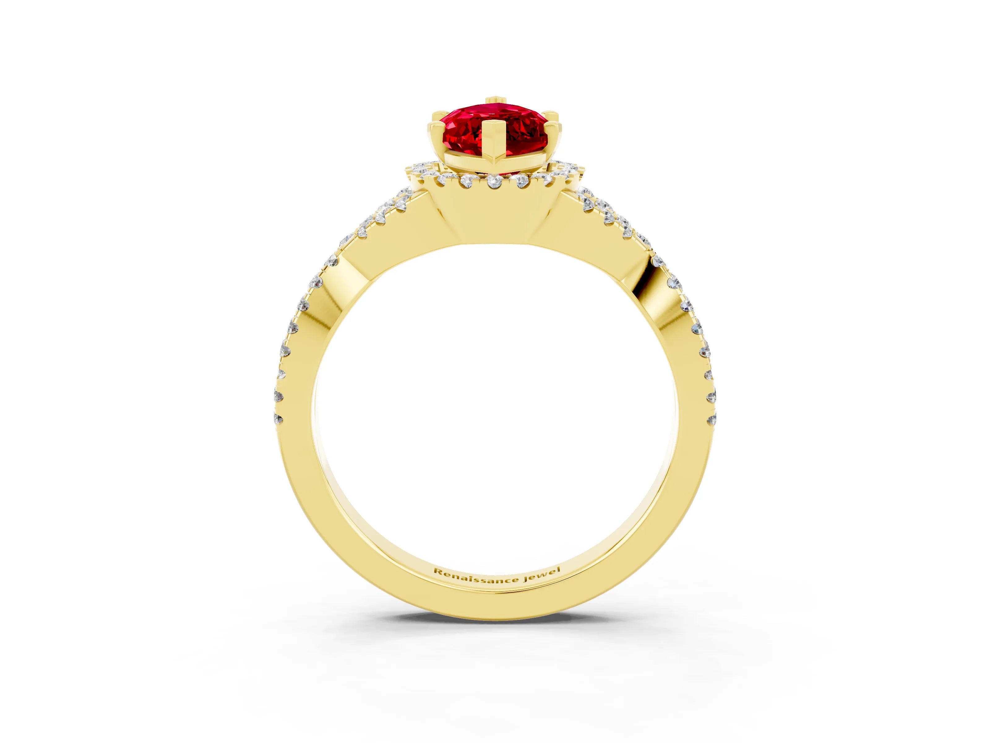 Yellow gold Marquise Cut Ruby Halo Twist Band Solitaire Prong Setting Ring_3