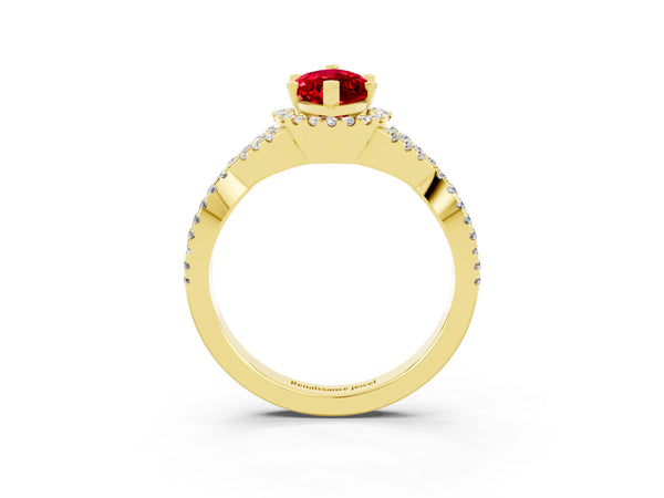 Yellow gold Marquise Cut Ruby  Halo Twist Band Solitaire Prong Setting Ring