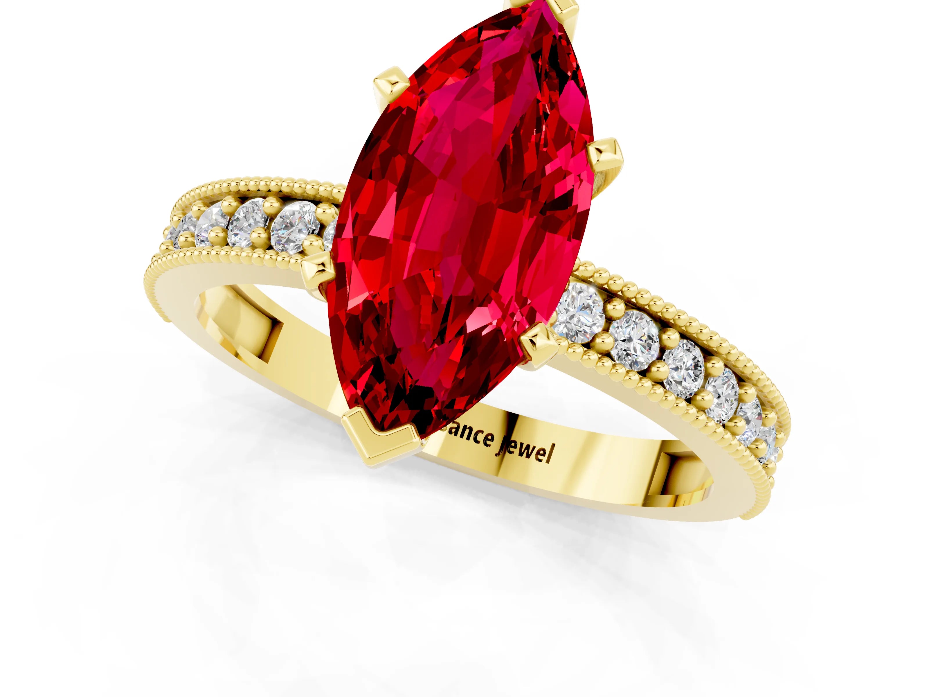 Yellow gold Marquise Cut Ruby Milgrain Pavé Engagement Ring with Four-Prong Setting_1