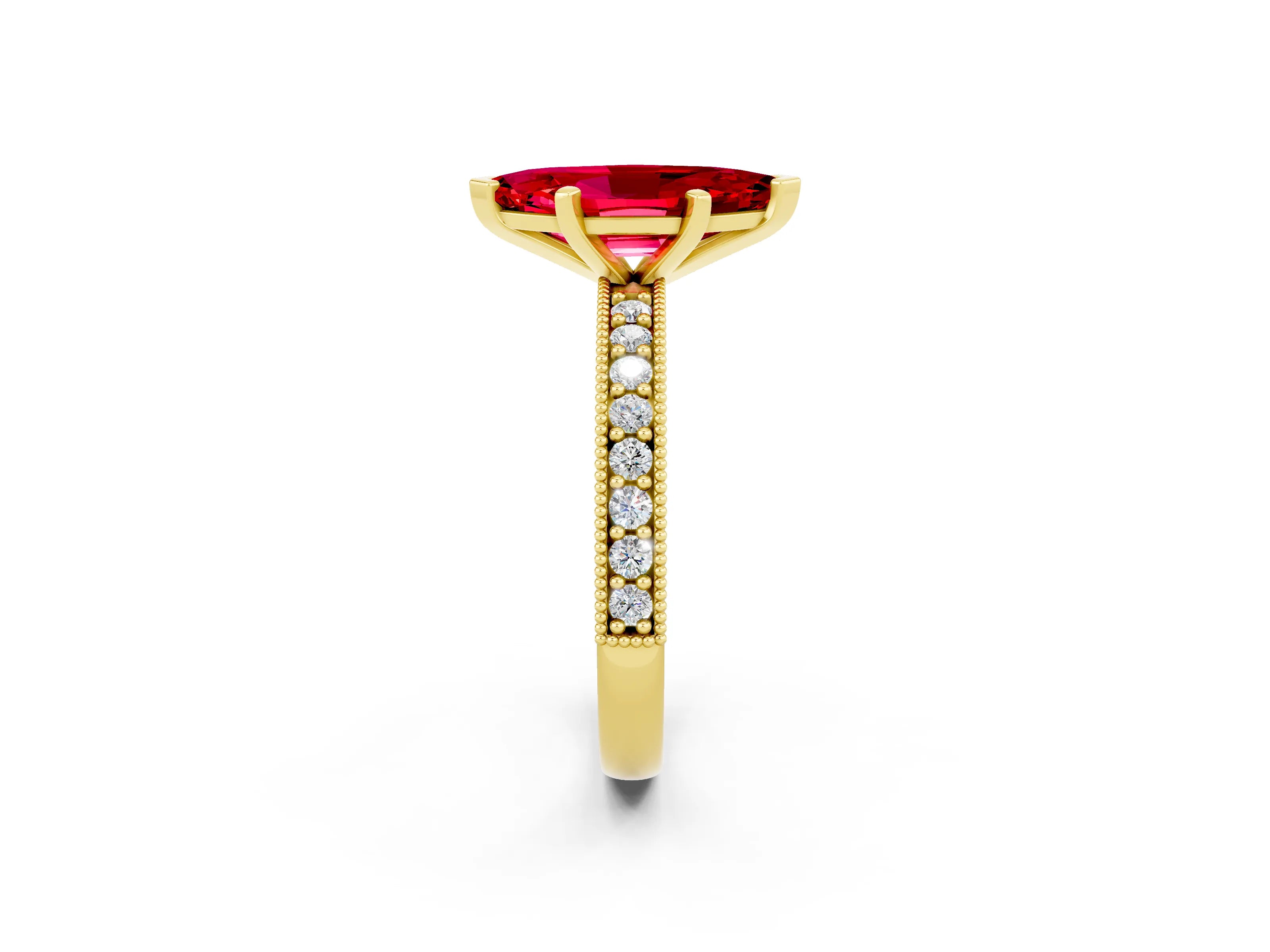 Yellow gold Marquise Cut Ruby Milgrain Pavé Engagement Ring with Four-Prong Setting_2
