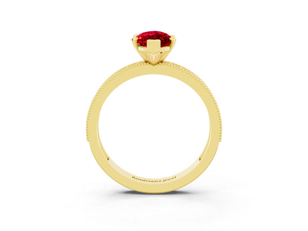 Yellow gold Marquise Cut Ruby Milgrain Pavé Engagement Ring with Four-Prong Setting