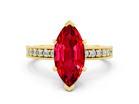 Yellow gold Marquise Cut Ruby Milgrain Pavé Engagement Ring with Four-Prong Setting