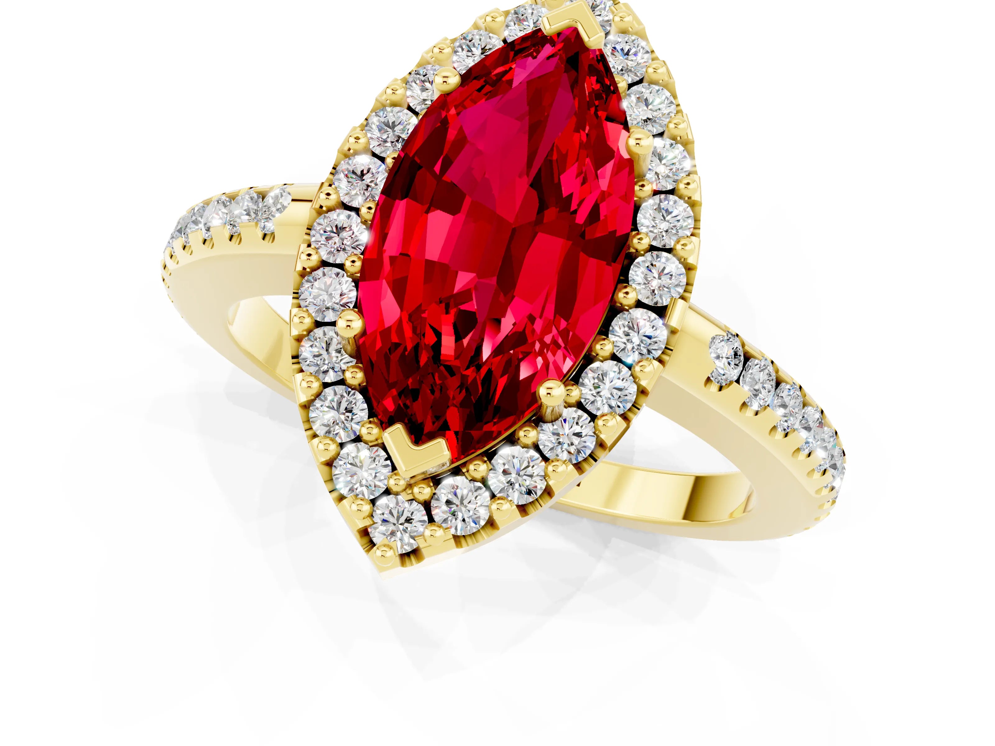 Yellow gold Marquise Cut Ruby Pavé Halo Ring with Four-Prong Setting_13