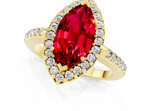 Yellow gold Marquise Cut Ruby Pavé Halo Ring with Four-Prong Setting_13