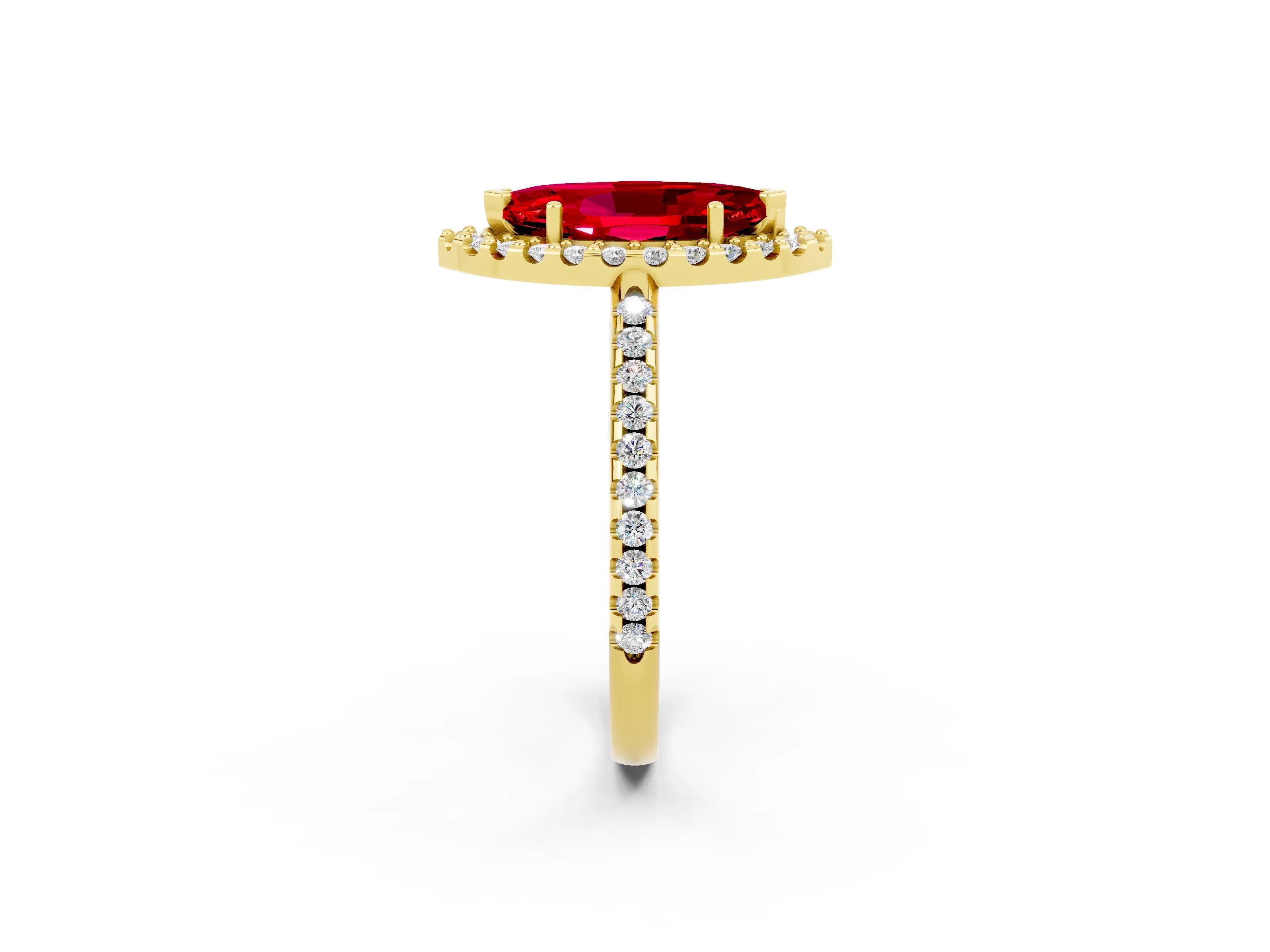 Yellow gold Marquise Cut Ruby Pavé Halo Ring with Four-Prong Setting_14