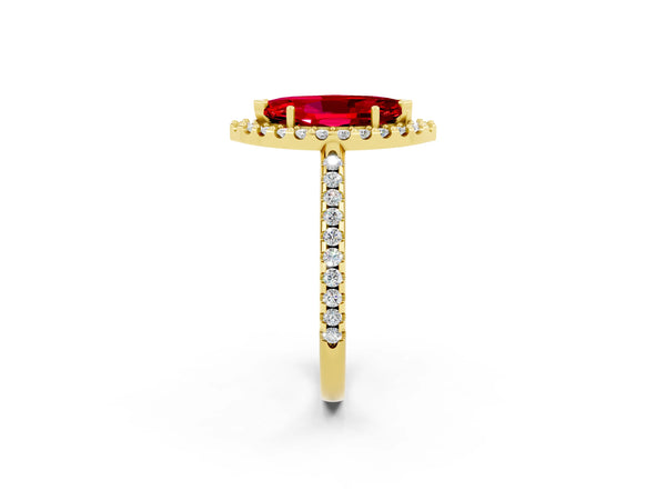 Yellow gold Marquise Cut Ruby Pavé Halo Ring with Four-Prong Setting