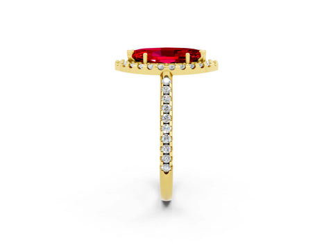 Yellow gold Marquise Cut Ruby Pavé Halo Ring with Four-Prong Setting_14