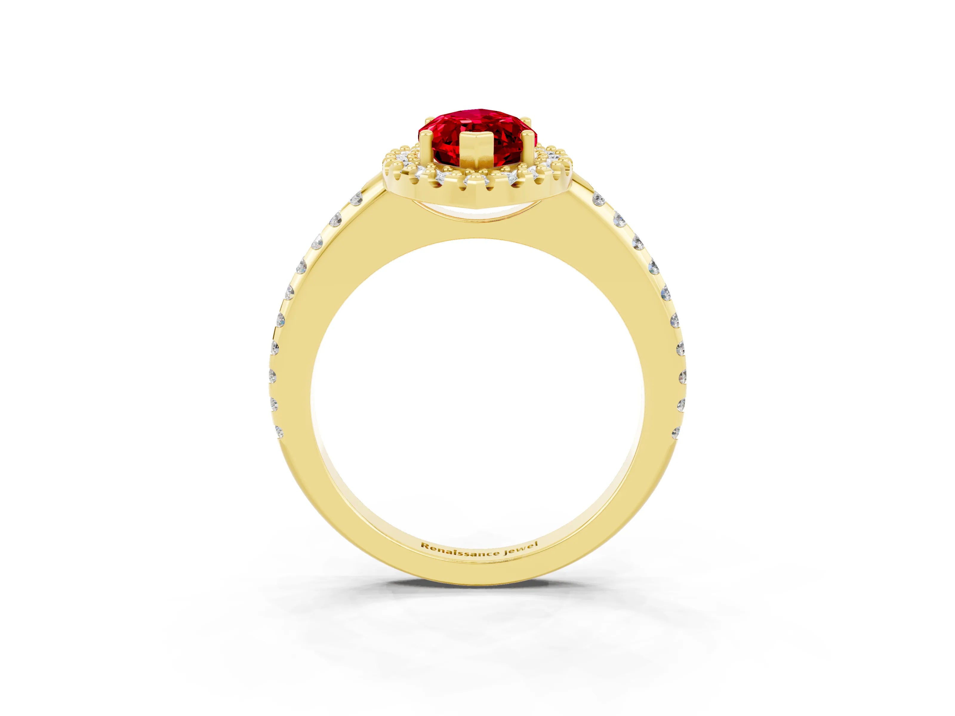 Yellow gold Marquise Cut Ruby Pavé Halo Ring with Four-Prong Setting_15