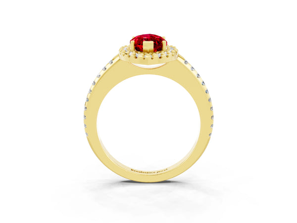Yellow gold Marquise Cut Ruby Pavé Halo Ring with Four-Prong Setting