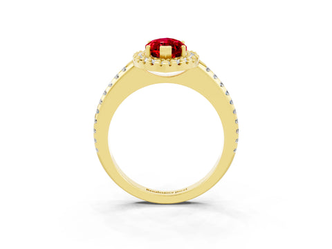 Yellow gold Marquise Cut Ruby Pavé Halo Ring with Four-Prong Setting_15