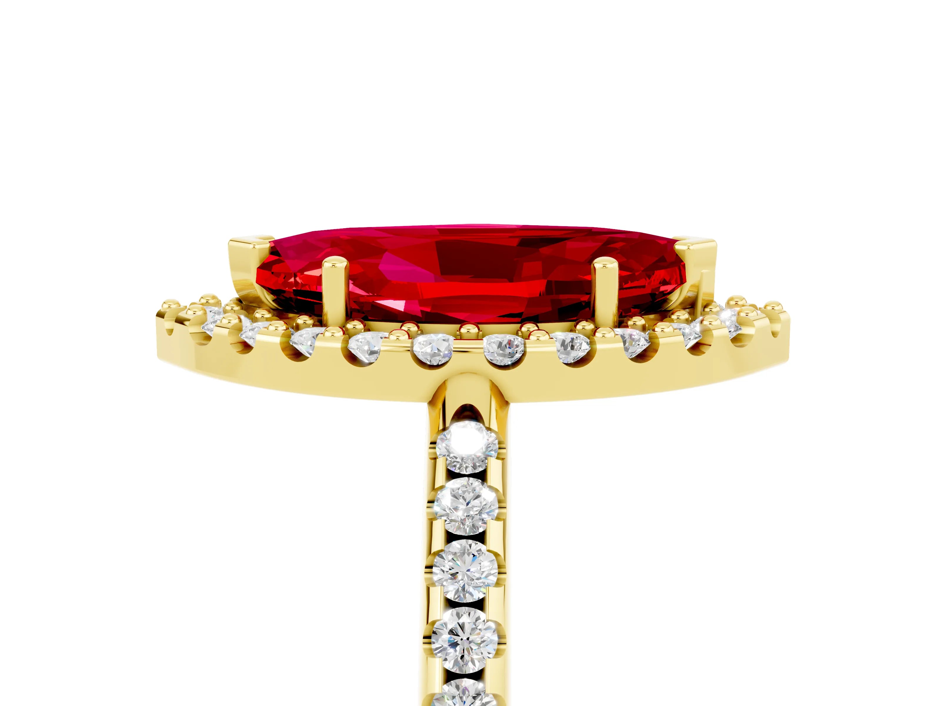 Yellow gold Marquise Cut Ruby Pavé Halo Ring with Four-Prong Setting_17