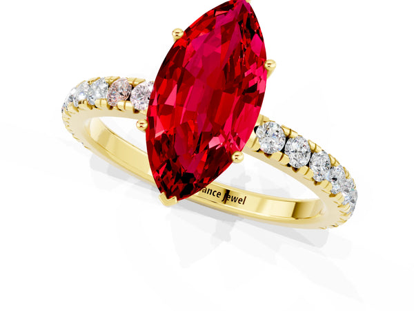 Yellow gold Marquise Cut Ruby Pavé Solitaire Engagement Ring with Four-Prong Setting