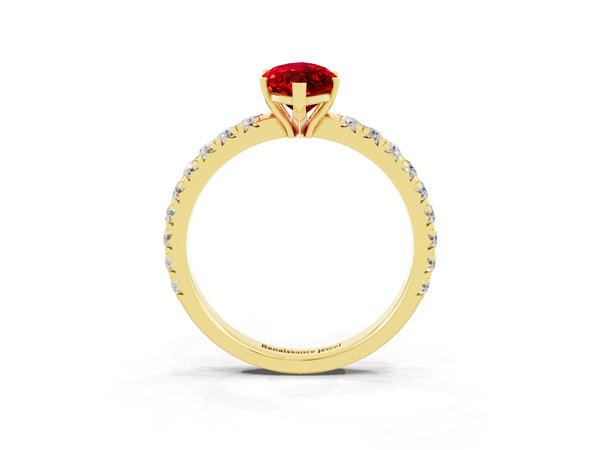Yellow gold Marquise Cut Ruby Pavé Solitaire Engagement Ring with Four-Prong Setting