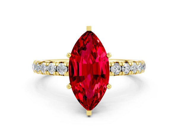 Yellow gold Marquise Cut Ruby Pavé Solitaire Ring with Round Band and Prong Setting