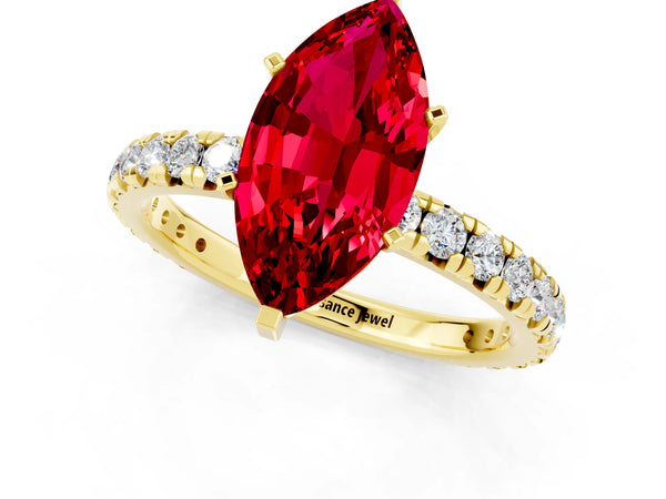 Yellow gold Marquise Cut Ruby Pavé Solitaire Ring with Round Band and Prong Setting