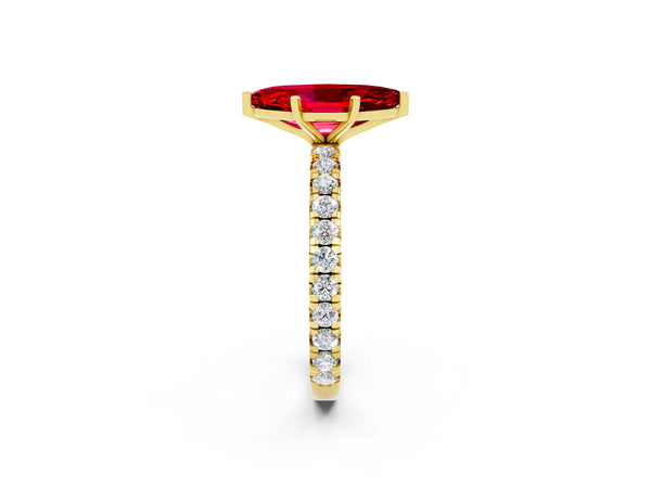Yellow gold Marquise Cut Ruby Pavé Solitaire Ring with Round Band and Prong Setting