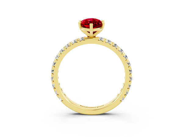 Yellow gold Marquise Cut Ruby Pavé Solitaire Ring with Round Band and Prong Setting